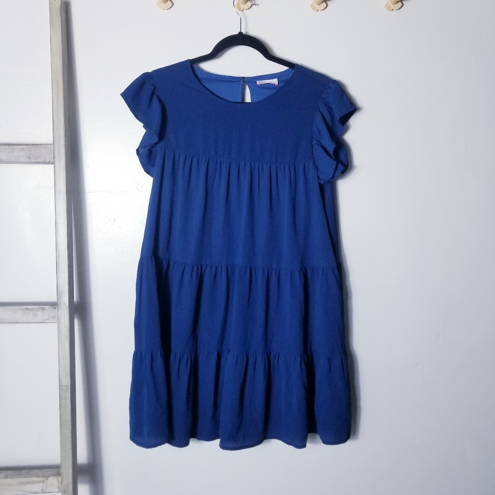 PINK LILY BLUE TIERED FLUTTER SLEEVE DRESS SIZE LARGE